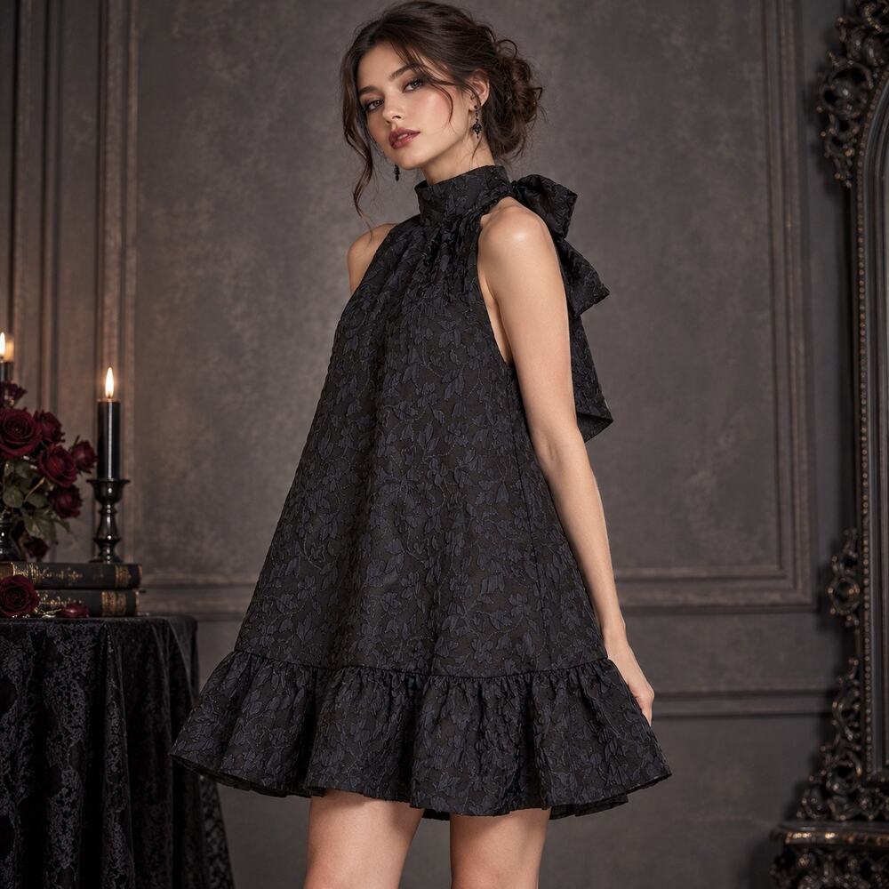 Scoop Black Jacquard Metallic Dress Sz M Bow Back Whimsigoth Dark Coquette Party